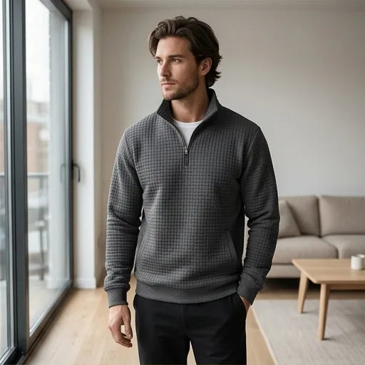 Men's Solid Color Casual Half Zipper Stand Collar Knitted Pullovers New Fashion Sweater Tops