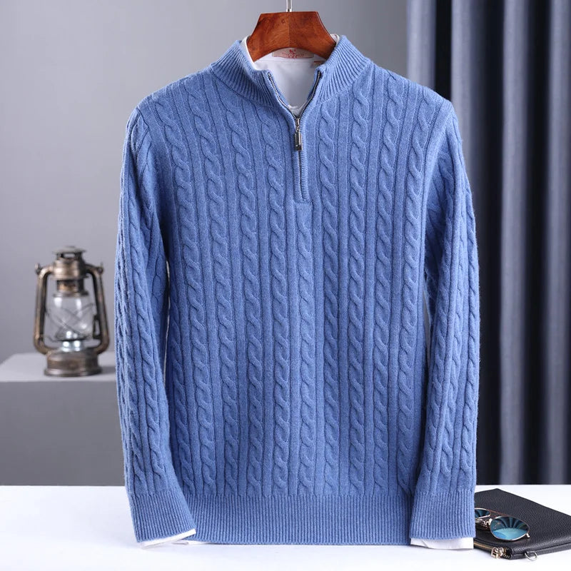 100% Wool Men's Pullover Zipper Half High Neck Cashmere Knit Sweater Thick  Business Casual Large-Size Top