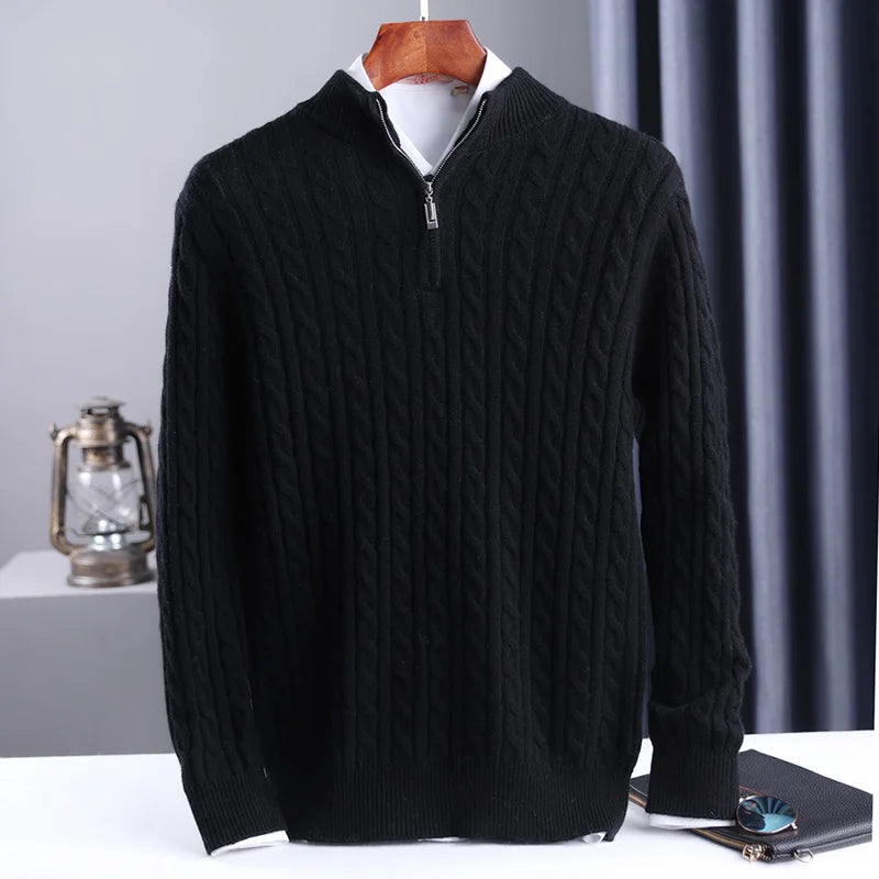 100% Wool Men's Pullover Zipper Half High Neck Cashmere Knit Sweater Thick  Business Casual Large-Size Top