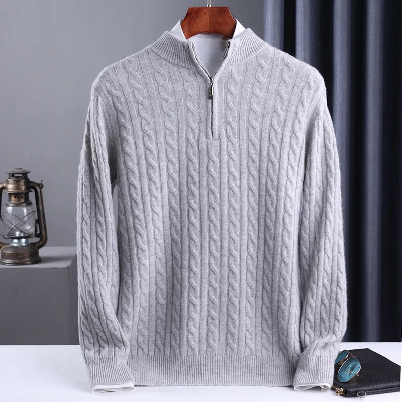 100% Wool Men's Pullover Zipper Half High Neck Cashmere Knit Sweater Thick  Business Casual Large-Size Top