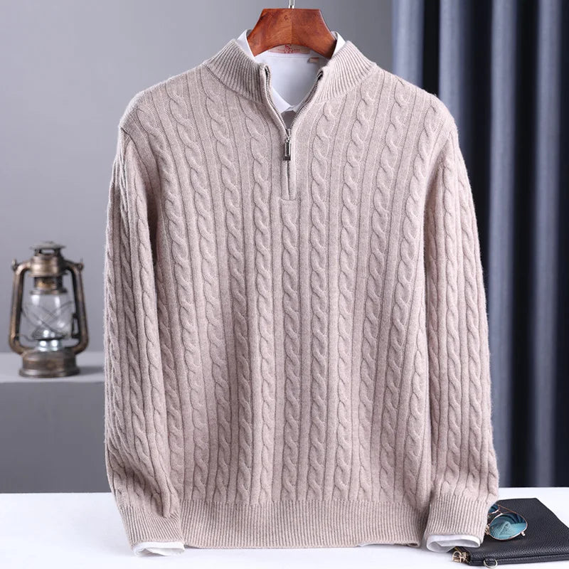 100% Wool Men's Pullover Zipper Half High Neck Cashmere Knit Sweater Thick  Business Casual Large-Size Top
