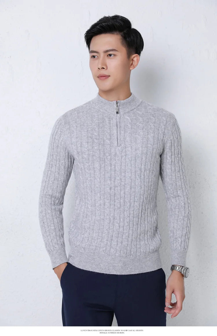 100% Wool Men's Pullover Zipper Half High Neck Cashmere Knit Sweater Thick  Business Casual Large-Size Top