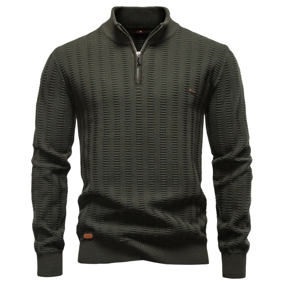 Men's Solid Color Casual Half Zipper Stand Collar Knitted Pullovers New Fashion Sweater Tops