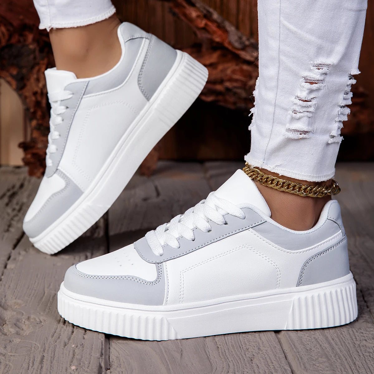 ZERJER Running Shoes, White Thick-Soled Sneakers