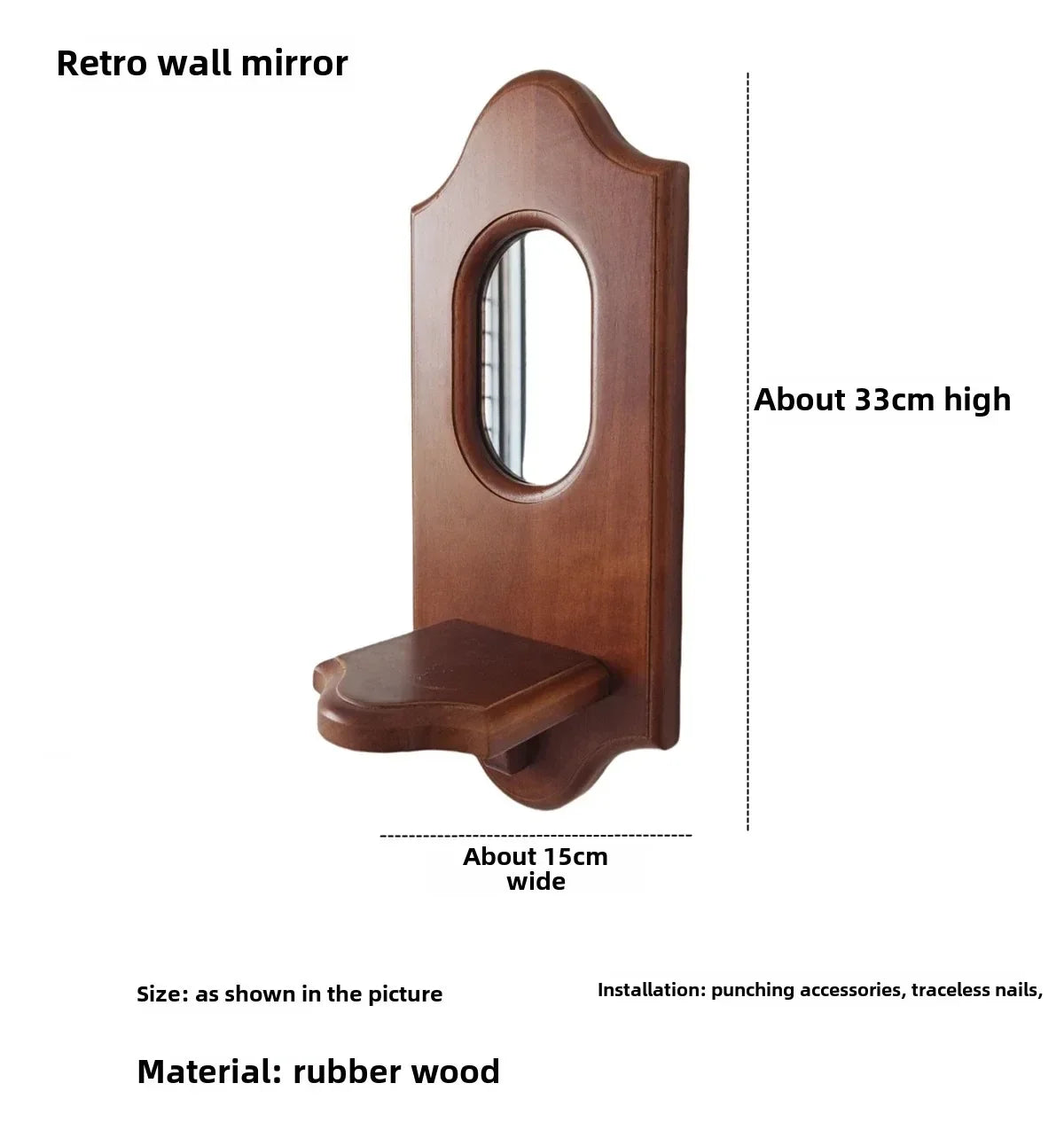 Vintage Wall Mirror with Shelf Solid Wood Aromatherapy Candlestick Holder Hanging Decor for Cafe Decorative Wall Rack