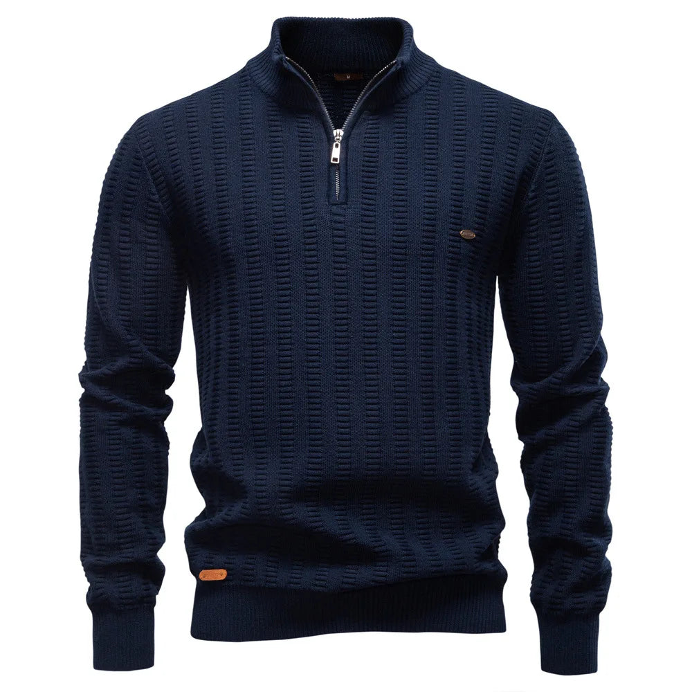 Men's Solid Color Casual Half Zipper Stand Collar Knitted Pullovers New Fashion Sweater Tops
