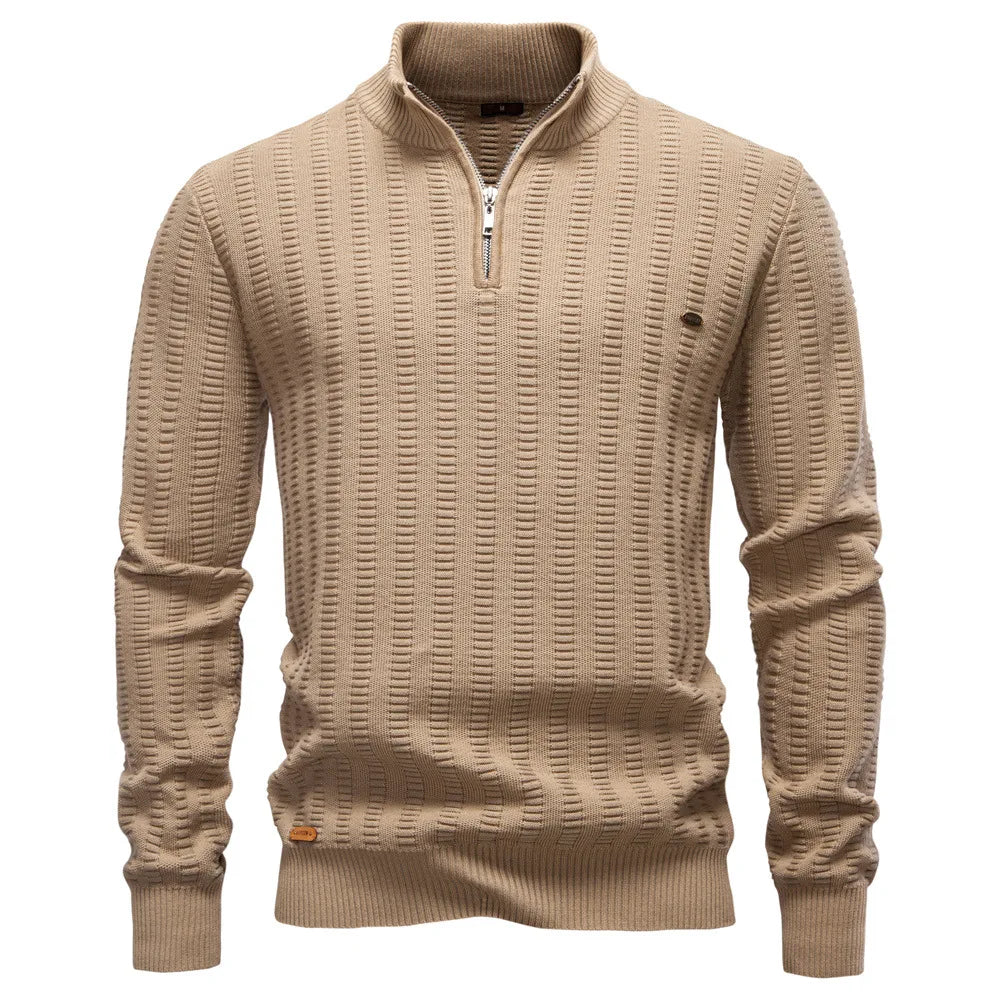 Men's Solid Color Casual Half Zipper Stand Collar Knitted Pullovers New Fashion Sweater Tops