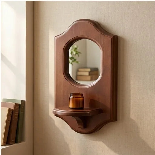 Vintage Wall Mirror with Shelf Solid Wood Aromatherapy Candlestick Holder Hanging Decor for Cafe Decorative Wall Rack
