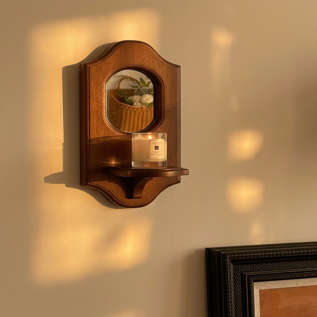Vintage Wall Mirror with Shelf Solid Wood Aromatherapy Candlestick Holder Hanging Decor for Cafe Decorative Wall Rack