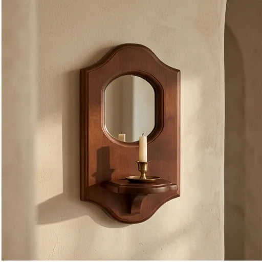 Vintage Wall Mirror with Shelf Solid Wood Aromatherapy Candlestick Holder Hanging Decor for Cafe Decorative Wall Rack